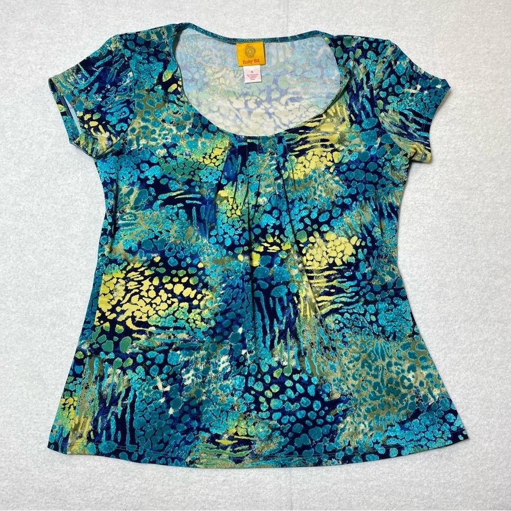 Ruby Rd. Blouse Women’s S Blue Green Abstract Pleated Stretch Short Sleeve Top